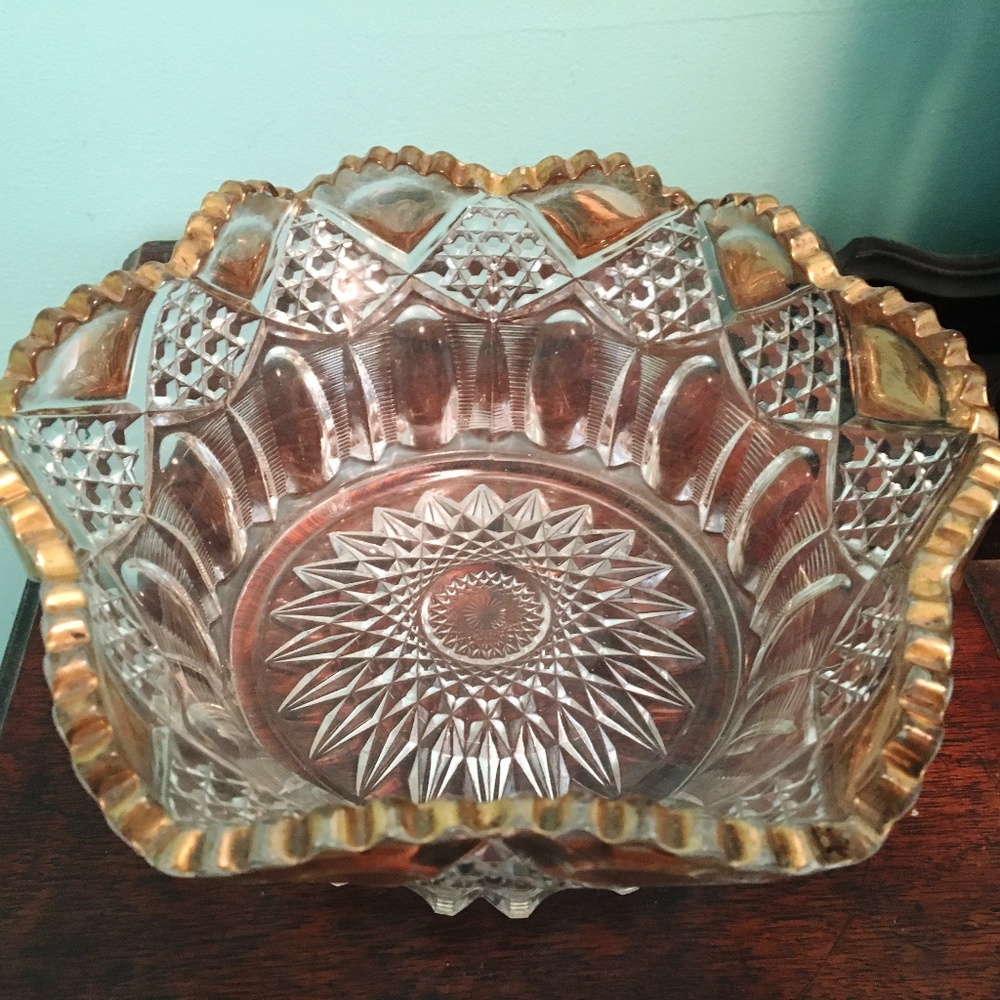 Antique Gold-Rimmed Pressed Glass Bowl
